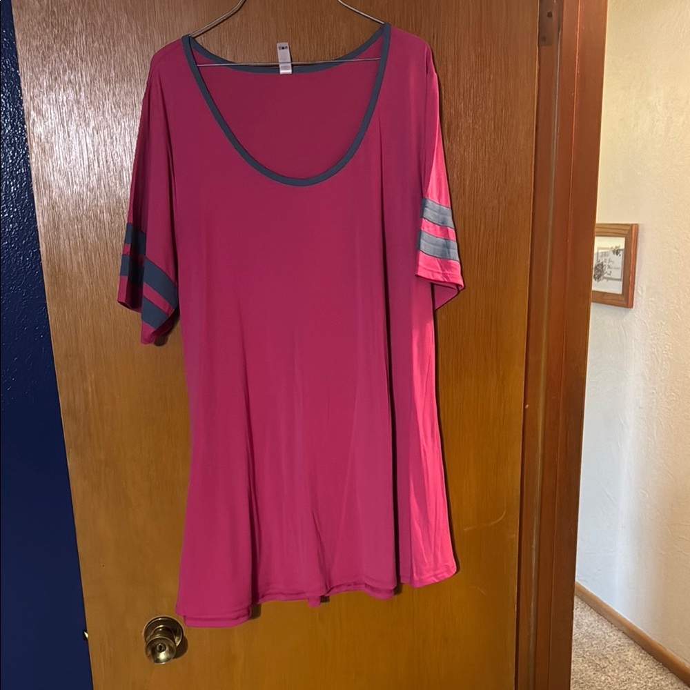 LuLaRoe Pink Top with Gray Striped Sleeves
